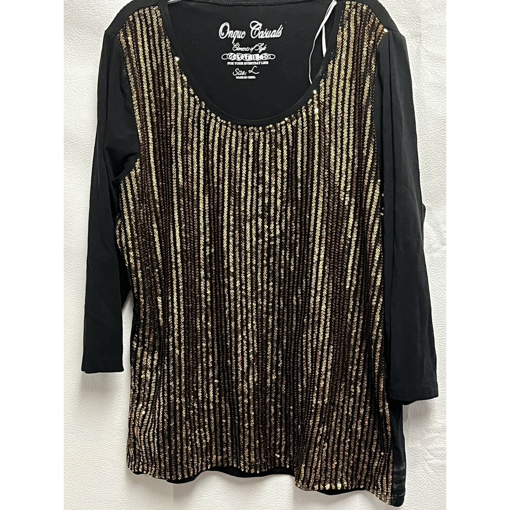 Onque Casuals Black Gold Sequin Top 3/4 Sleeve Stretch Scoop Neck Womens Large